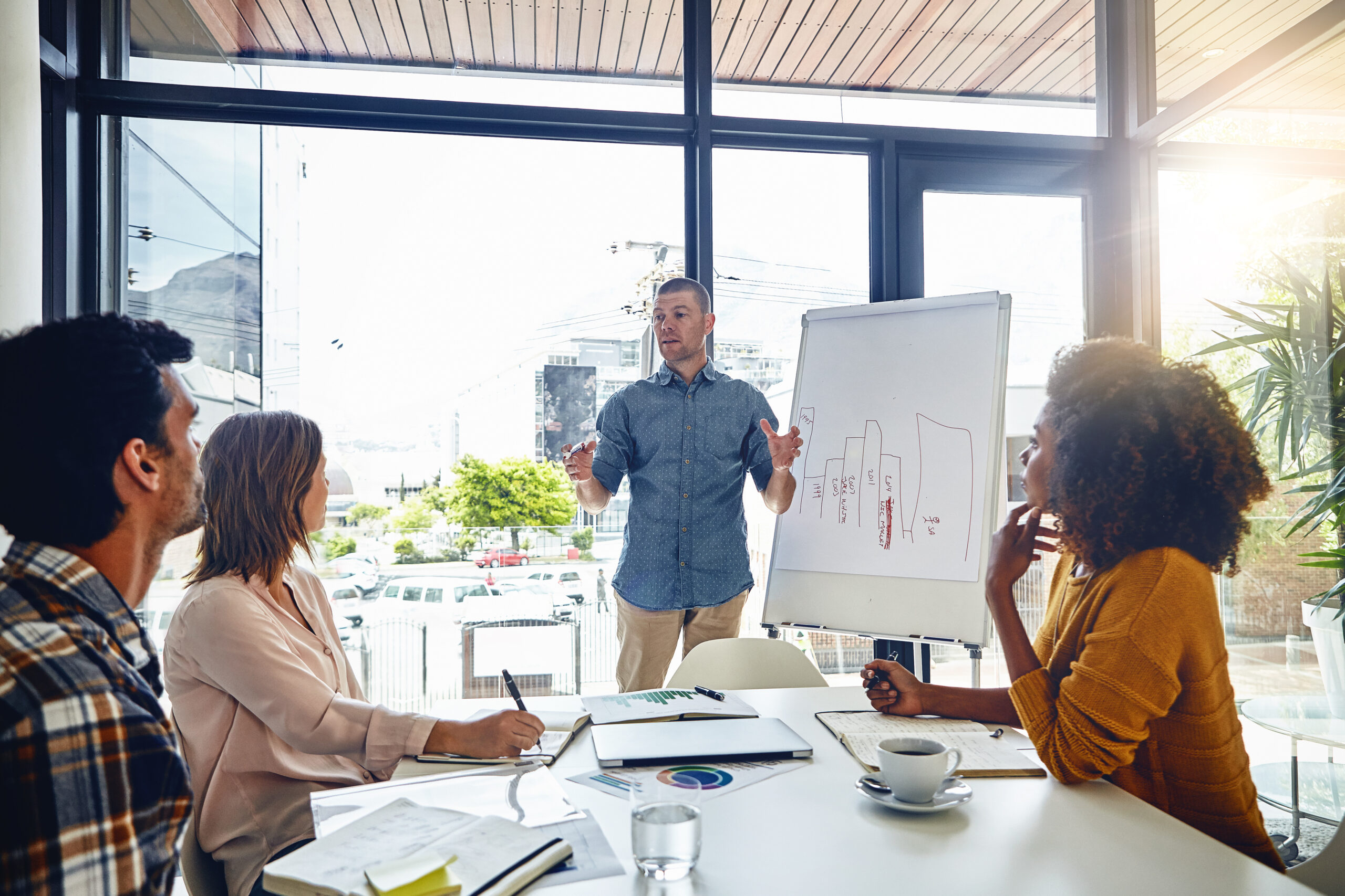 Four people seated around a conference table while another person stands near a flip chart, presenting a diagram.